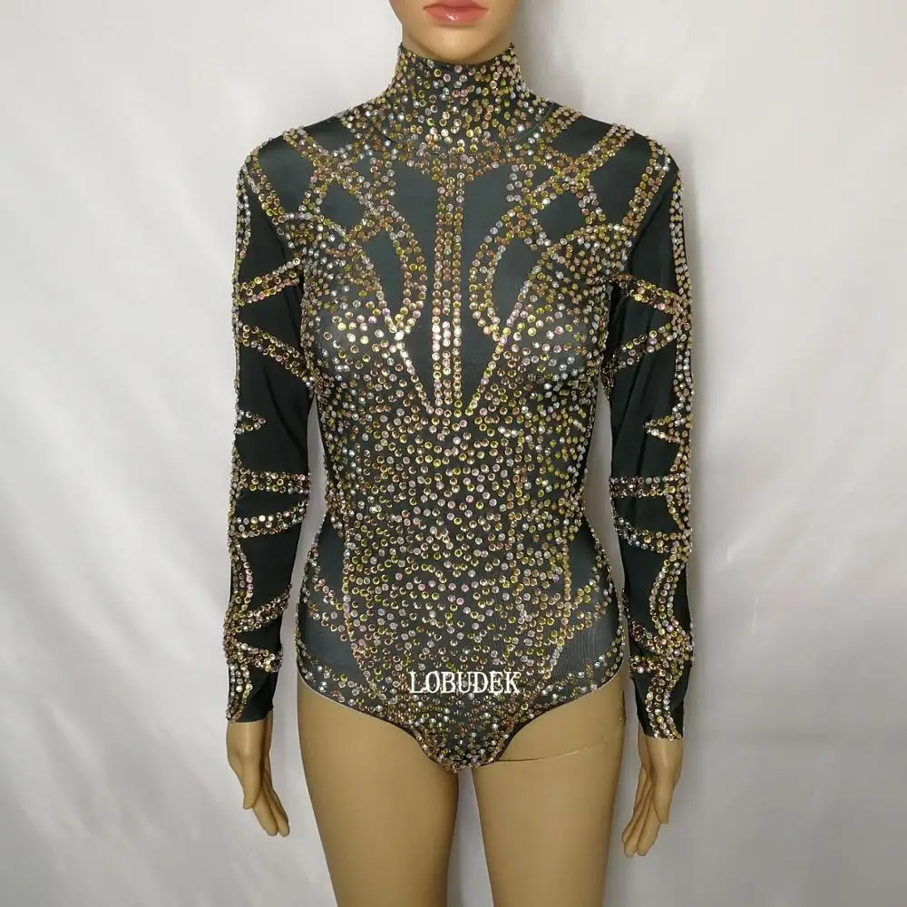 

New Female Nightclub DJ Lead Dancer Costume Bright Rhinestones Bodysuit Sexy Bar Singer Stage Outfit Party Show Crystal Catsuits