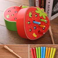 funny apple strawberry shaped catch bal insect game toy montessori wooden magnetic stick worm educational toys for kids baby boy