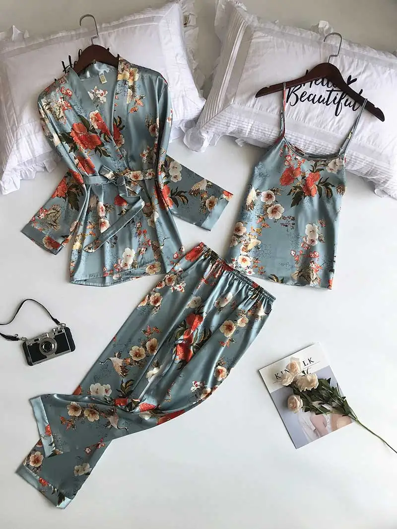 blue BZEL цветочный пижамный комплект пижамы Женская пижама Femme 3 шт пижамы женский шелковый атлас Домашняя одежда сексуальная пижама - Цвет: blue