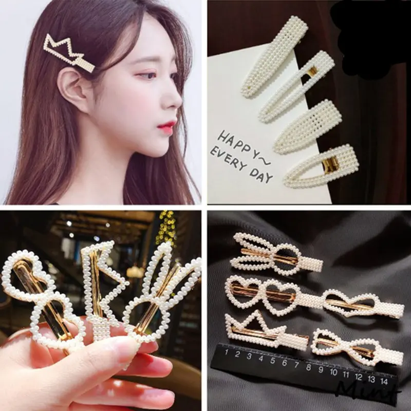 

2019 New Fashion Women Pearl Hair Clip Snap Hair Barrette Stick Hairpin Hair Styling Tool Accessories for Women Girls