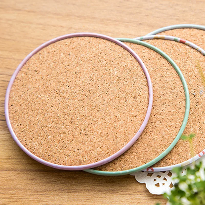 

5pcs/Lot Pastoral Style Round Cup Coastors Cartoon Waterproof Tin Placemats Cork Wood Bottom Anti-Slip Heat Insulated Pads