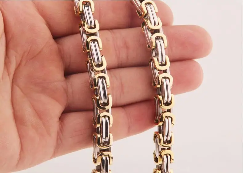 

Promotion! Men's two-color Gold Chain necklace Stainless Steel 8mm Width Byzantine Wholesale High Quality