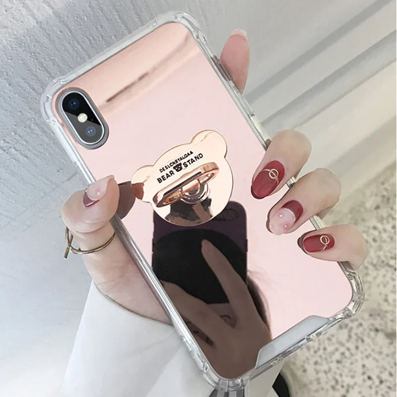 Luxury Mirror Phone Case For iphone 7 8 6 s plus Cute Bear Ring Stand Holder Soft TPU Cover for X 10 XS MAX XR 11 Pro Max |
