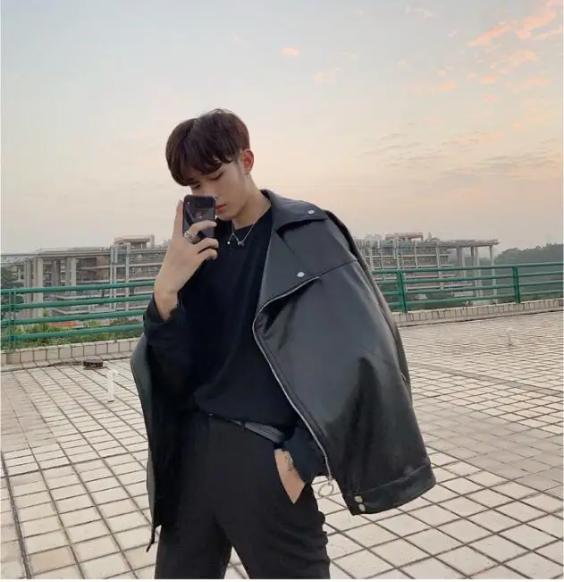 S-XL!Spring and autumn new men's lapel zipper motorcycle leather jacket hip hop couple loose shoulder jacket