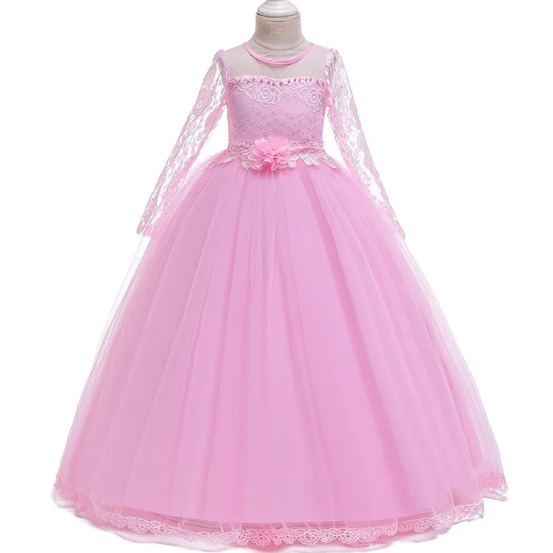 Pink Праздничная одежда для девочек-подростков 4-14 лет кружевное платье с длинными рукавами и цветочным узором для девочек на свадьбу детские милые вечерние платья - Цвет: Pink