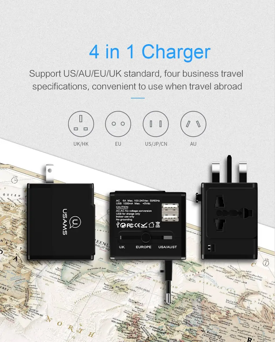 Двойное зарядное устройство USB с глобальной конвертацией, универсальное зарядное устройство для телефона USAMS, зарядное устройство USB с поддержкой ЕС/США/Великобритании/Австралии
