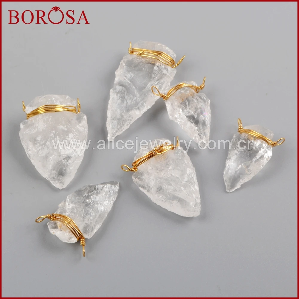 BOROSA 10/20pcs Gold Wire Wrap White Quartz Arrowhead Connectors Drusy Pendant Natural Jewelry for Necklace G1646 | Украшения и