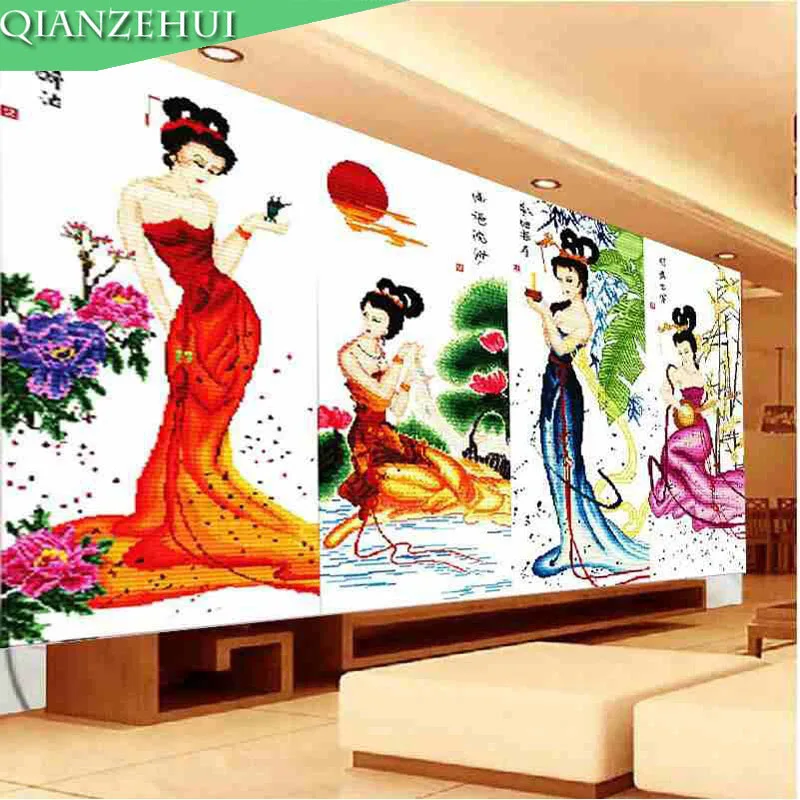 QIANZEHUI Рукоделие сделай сам четыре красотки вышивка крестом классический