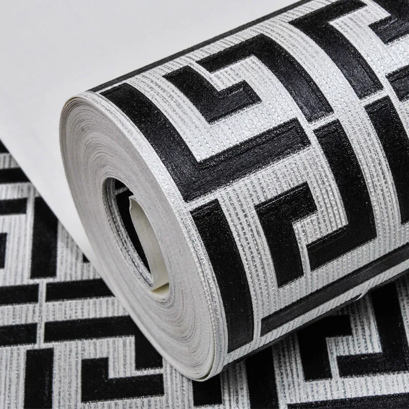 

Black and White Greek Key Modern Classic Geometric Trellis Wallpaper Metallic Textured Vinyl pvc Wall Paper Roll Washable