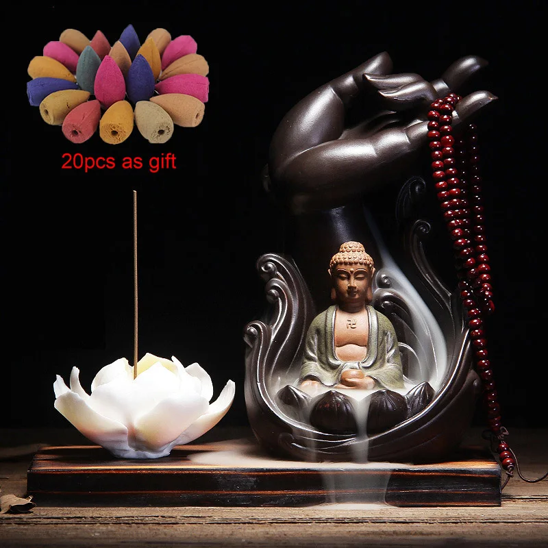 Buddha Будда ручной гуаньинь обратного потока ладан горелка+ 20 шт. благовоний конусов керамический держатель курильница дым домашний декор дропшиппинг - Цвет: Buddha