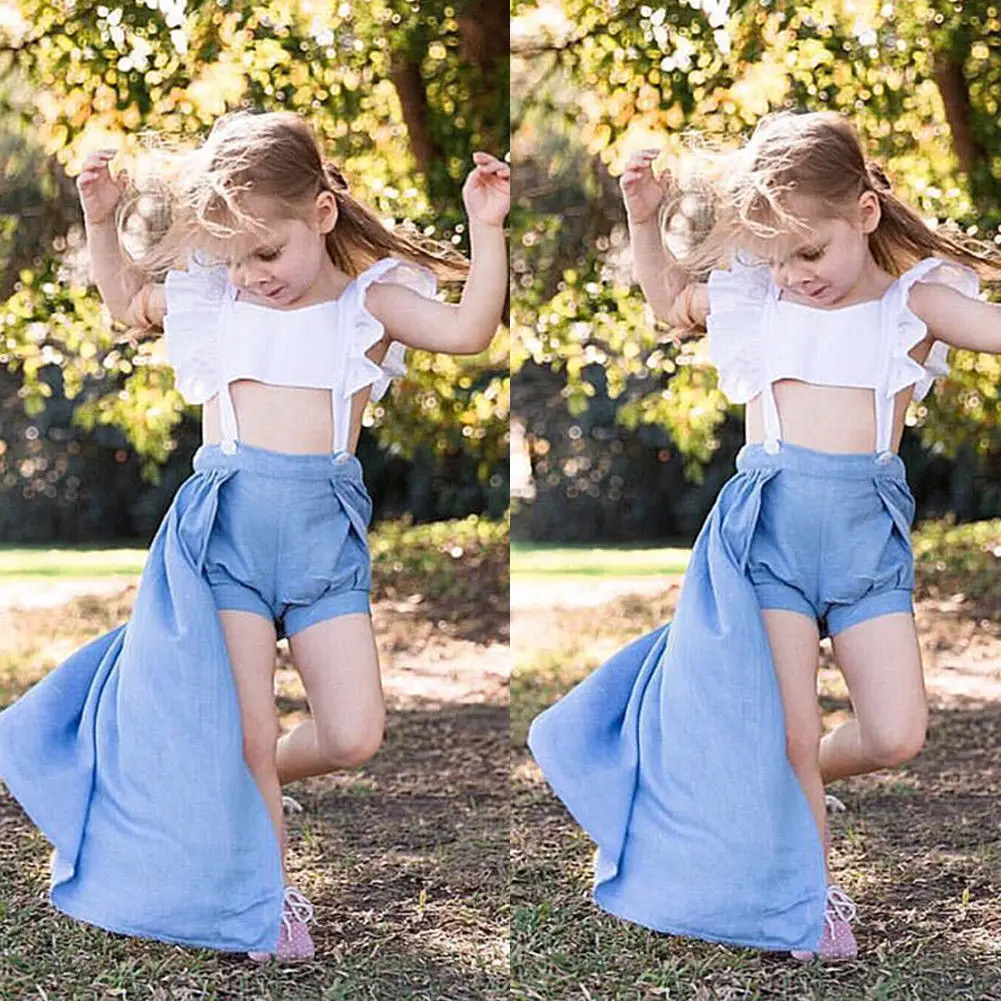 2018 Brand New Toddelr Infant Kids Baby Girls Ruffel Sleevelss Jumpsuit Romper Dress Outfits Denim Color Set Bull-puncher 1-6T | Детская