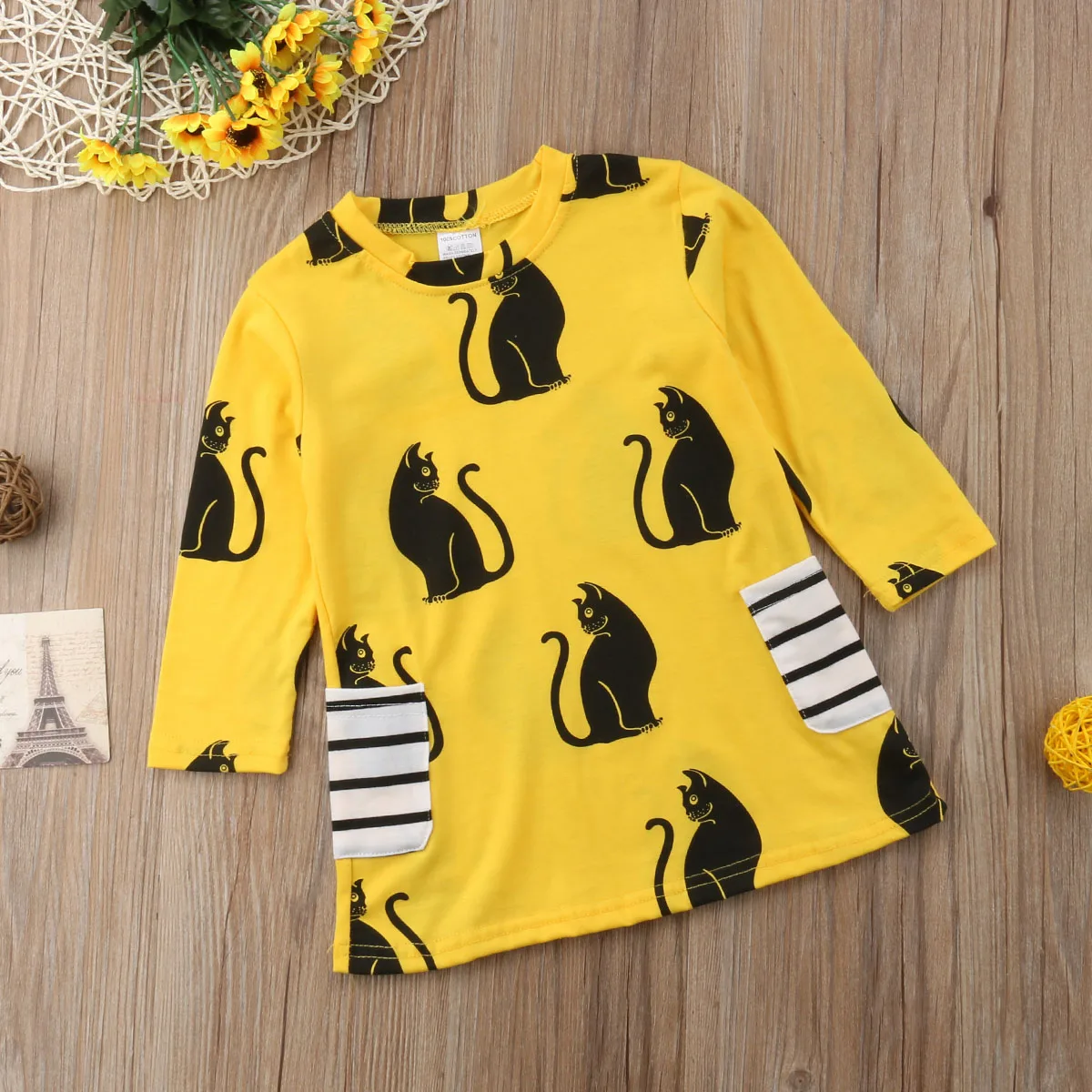 Kids Baby Girl Animal Cat Full Printed Party Pageant Princess Tutu Long Sleeve Cotton Yellow Dress Clothes | Детская одежда и