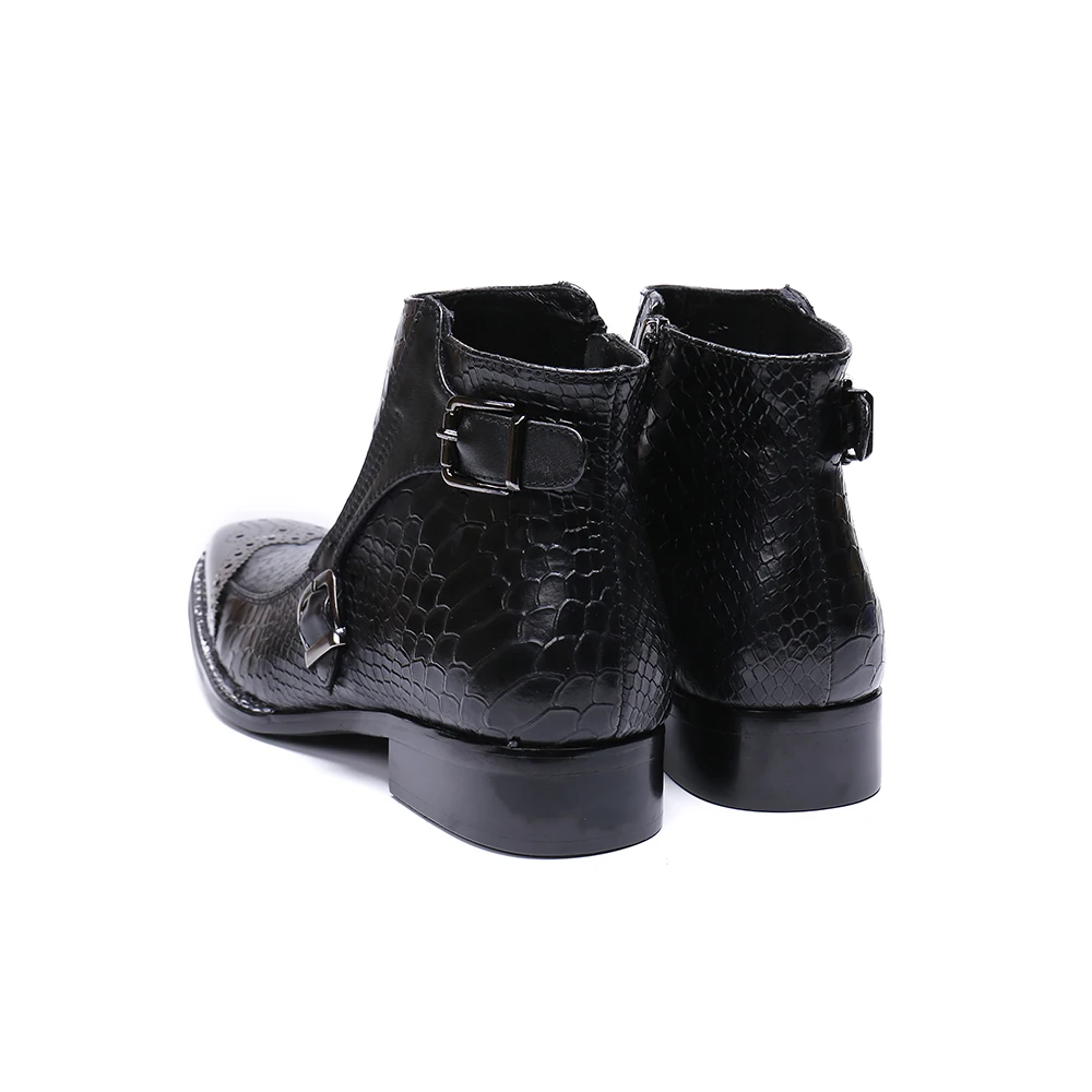 

Christia Bella Men British Style Snake Pattern Short Boots Carved Formal Party Zipper Boots New Fashion Men Ankle Strap Boots