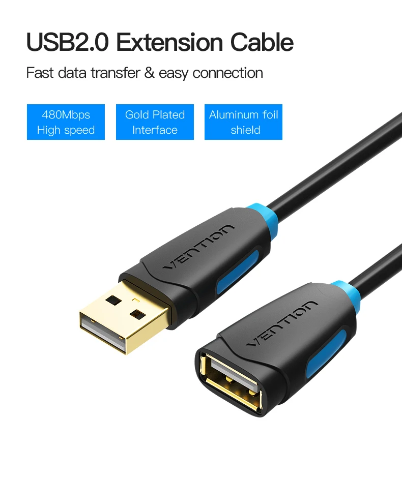 Vention USB 2,0 кабель-удлинитель высокого Скорость мужского и женского пола USB2.0 кабель 1 м 2 м 3 м 5 м кабель удлинитель для головок Дата-кабель, шнур синхронизации передачи