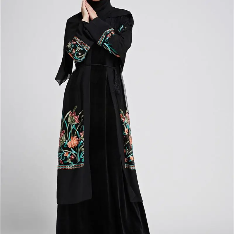 2020 Дубай абайя кимоно черная вышивка Спереди открытая мусульманская одежда