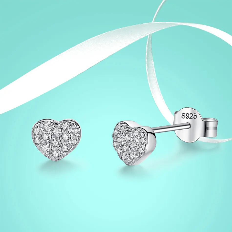 FOREWE 925 пробы серебряные серьги ювелирные изделия крошечные CZ проложить кристалл сердце серьги гвоздики подарок для женщин девочек детей леди