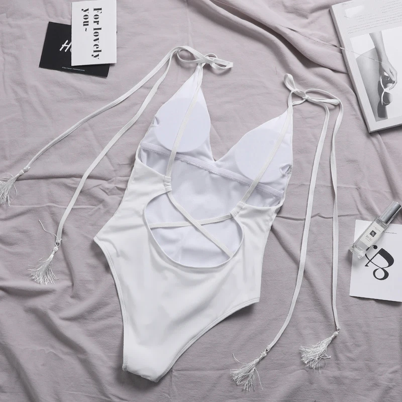 Сексуальный 2019 женский купальник с белой бахромой Высокая талия цельный