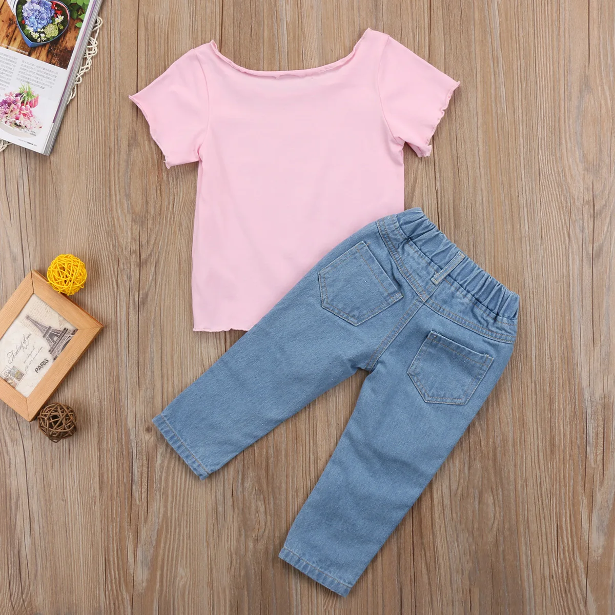 

Kids Baby Girls Clothing Set T shirt Tops Cotton Short Sleeve Mesh Jeans Stretch Pants 2pcs Outfits Clothes Set Girl