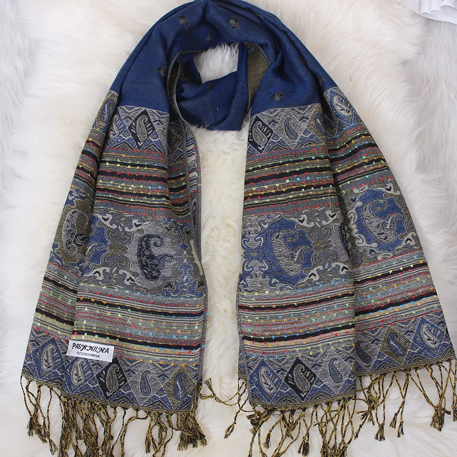

Blue Fashion Spring Womens Shawl Scarf Pashmina Autumn National style Lady Wrap Cape Scarves Tassels Shawl Wram Bufanda 70x190cm