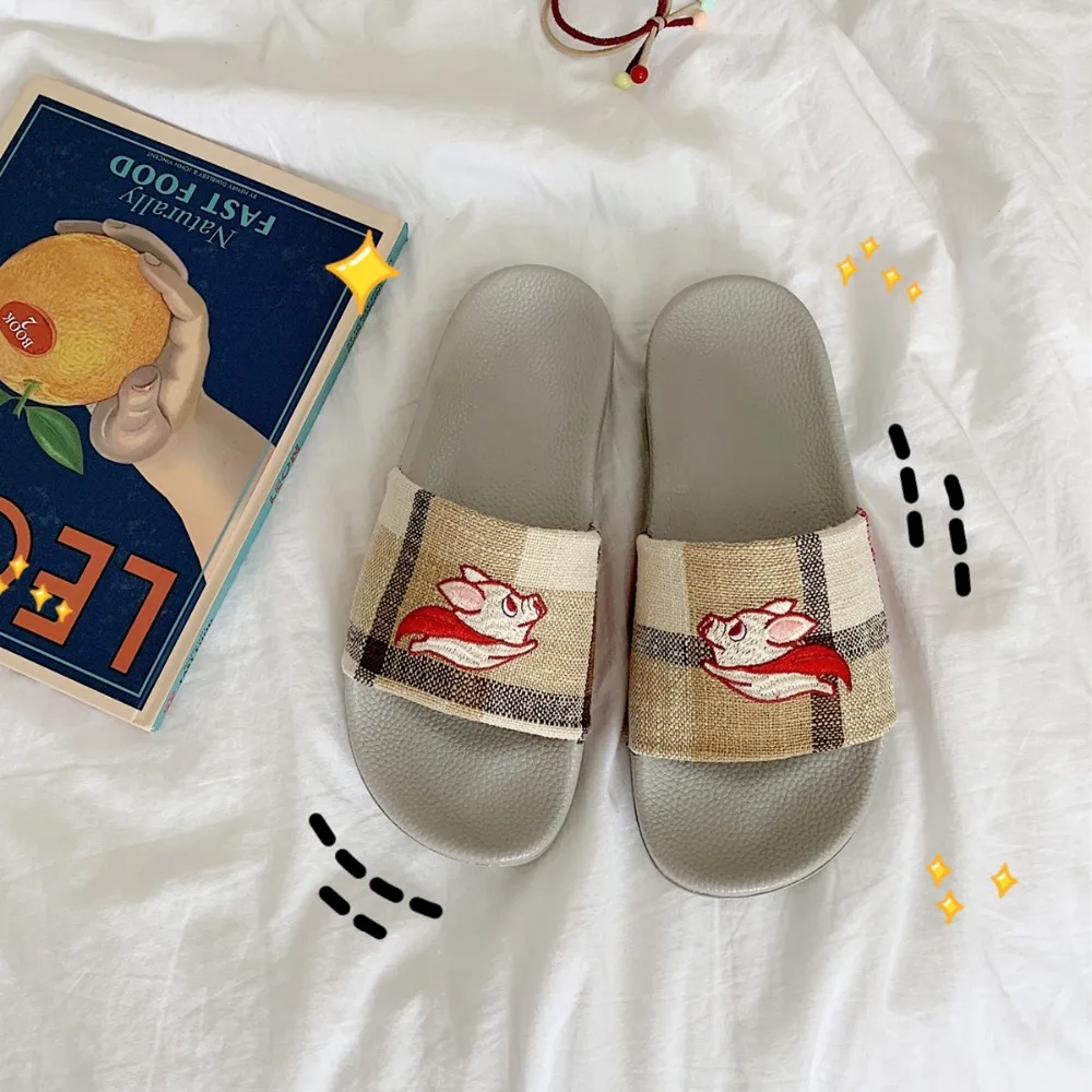 Летние простые Harajuku ткань тапки в клетку женские пляжные мультфильм flying pig