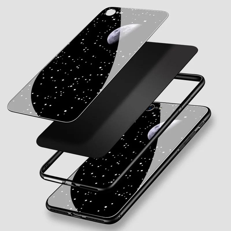 Тонкое закаленное стекло+ мягкая силиконовая рамка задняя крышка для iphone XM XS XR X 8 7 6 6S Plus чехол с изображением Луны и звездным принтом чехол для телефона s