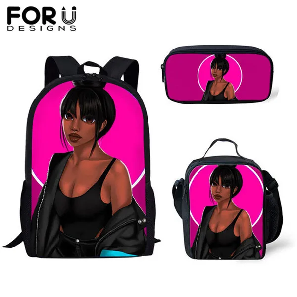 YQ3577CGK FORUDESIGNS 3 шт./компл. школьные сумки для девочек детский рюкзак с изображением мультипликационных персонажей для детей черного цвета в африканском стиле американская девушка с художественным принтом ранцы Mujer - Color: YQ3577CGK