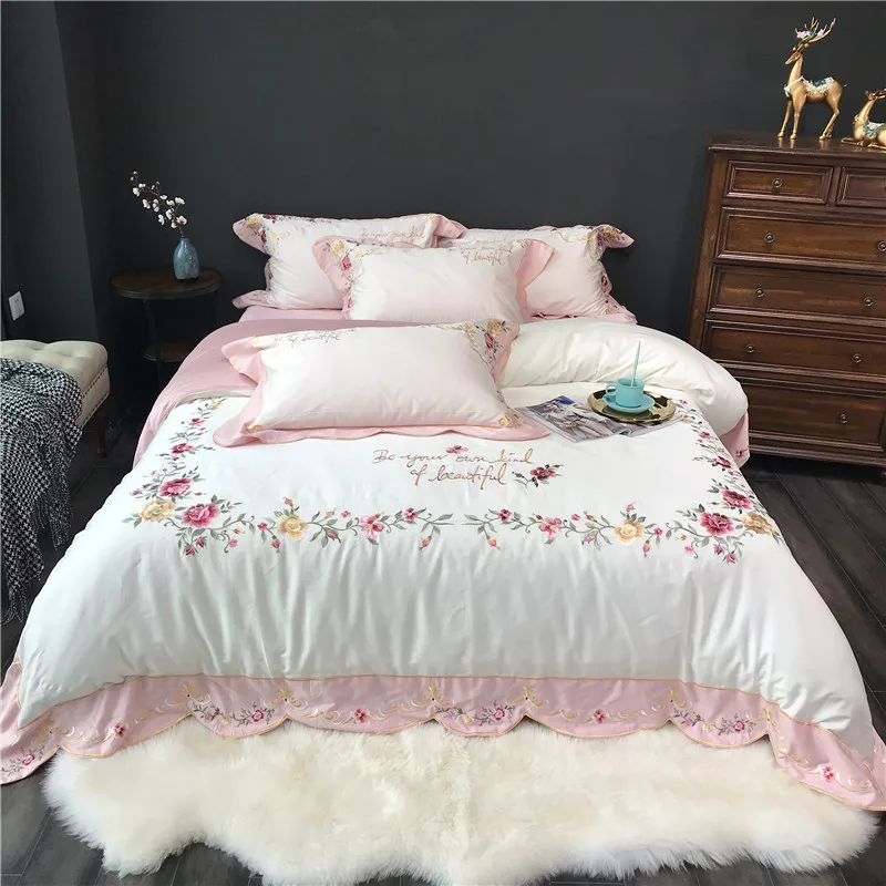 

New Product pink Color 4 Pcs Bedding Set egyptian cotton Bedclothes Embroidery Bed Linens Duvet Cover Set Bed Sheet