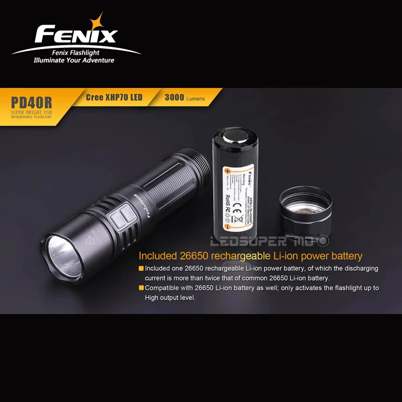 3000 люмен Fenix PD40R Cree XHP 70 светодиодный супер яркий USB Перезаряжаемый фонарик с 4500 mAh 26650 батареей