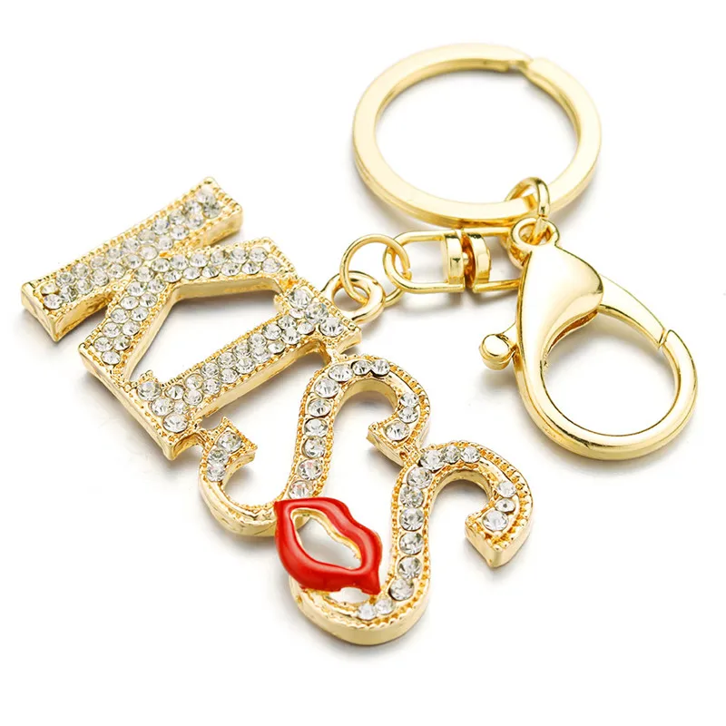Kiss Letters Keychain Red Lips Keyring For Women Crystal Lady Purse HandBag Bag Pendant For Car Key chains rings holder K376