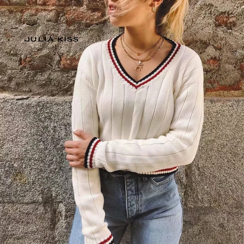 Женский плотный Трикотажный Хлопковый свитер с V-образным вырезом сине-красными