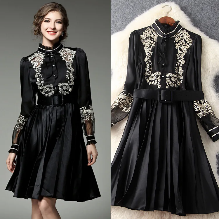 Хорошее качество Sring осеннее женское платье черный роскошный золотой цветочный