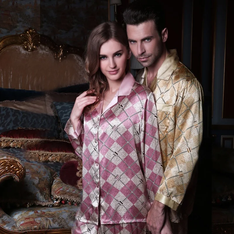 

Brand Real Silk Couple Pajama Two-Piece Printed 100% Silk Sleepwear Female Male Spring Autumn Long-Sleeved Pyjama Sets YE2065