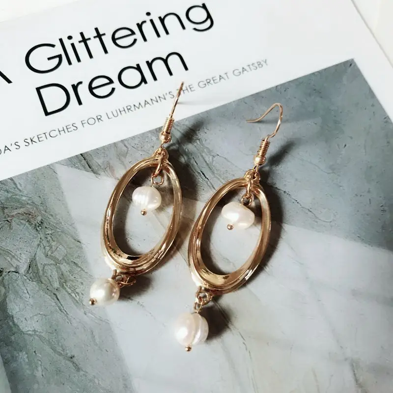 

Hammered Alloy Geometric Elegant Fresh Water Pearl Charm Dangle Earring