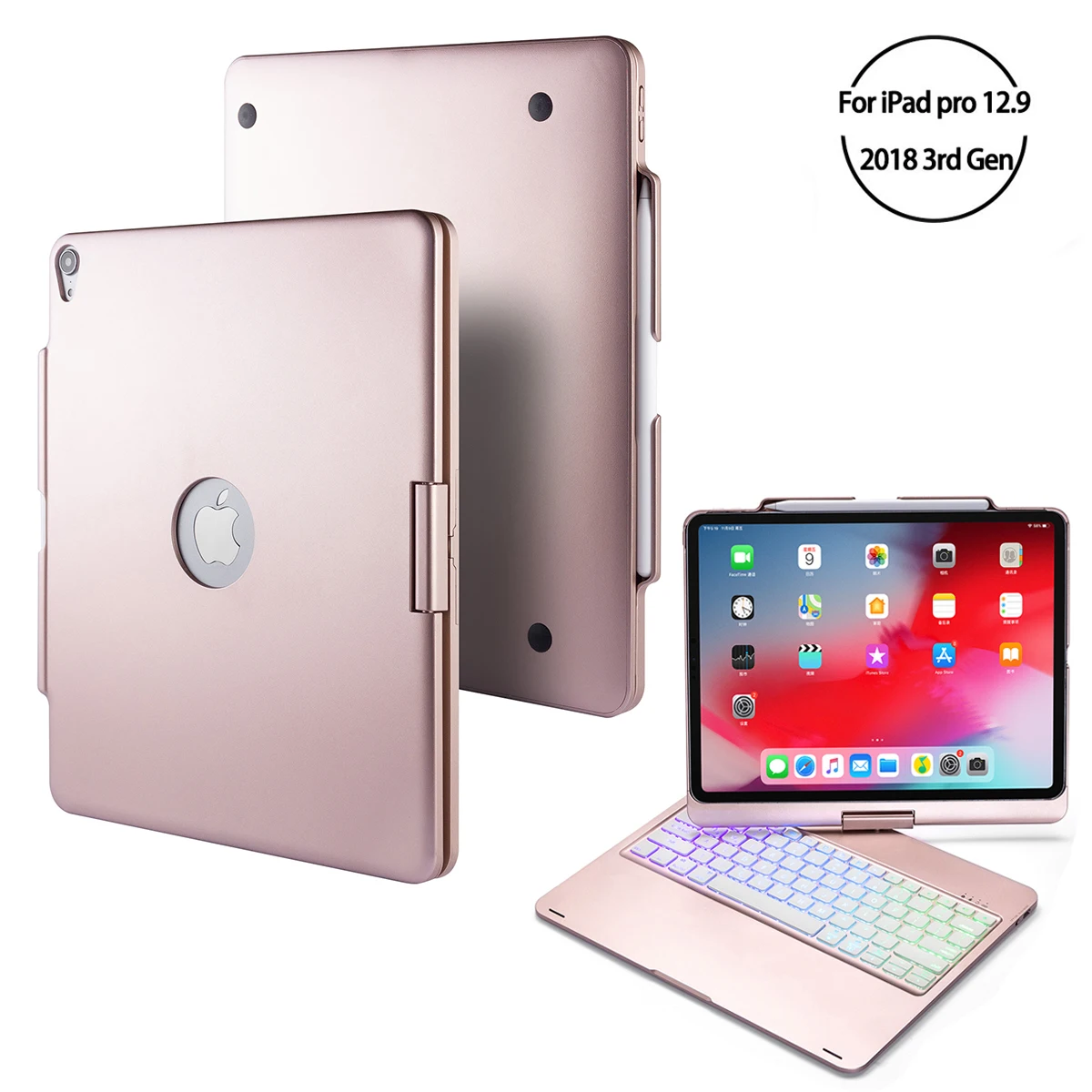 360 градусов вращения для iPad Pro 12,9 дюймов Bluetooth клавиатура чехол-книжка Подставка 7 цветов с подсветкой беспроводной смарт-планшет для сна