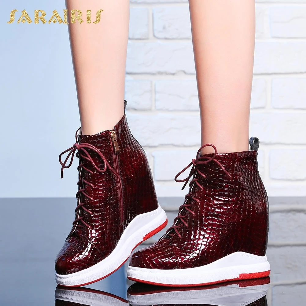 

SARAIRIS NEW Dropship Cow Leather New Fashion Ankle Boots Woman Shoes Shoelace Wedge High Heels Boot Female Shoes Woman