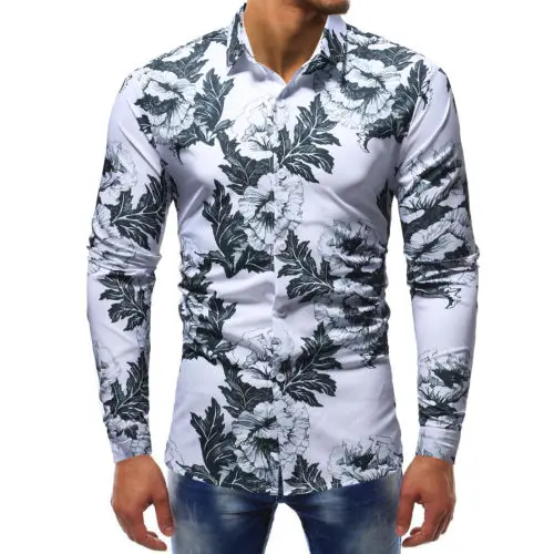 Модные мужские Slim Fit Футболка с цветочным принтом Повседневное с длинным рукавом Мужская классическая рубашка роскошные Топы - Цвет: C