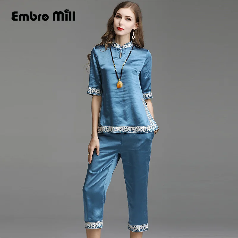 Женский комплект из 2 предметов топ с вышивкой и брюки карандаш до щиколотки в