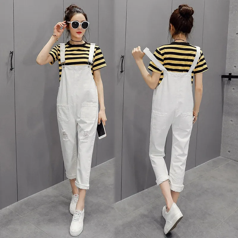 Модный черный белый комбинезон для беременных с дырками и карманами Свободный