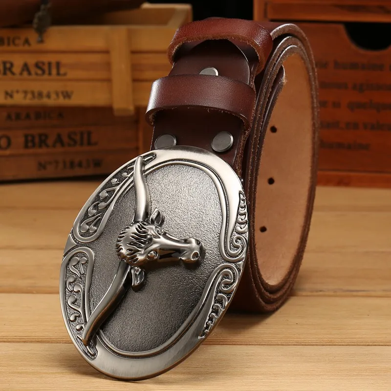 khaki buffalo buckle Ремень с большой пряжкой в стиле панк, мужские ремни класса люкс, высокое качество, натуральная кожа с натуральным лицевым покрытием, натуральная кожа, ковбои, без винтажных - Цвет: khaki buffalo buckle