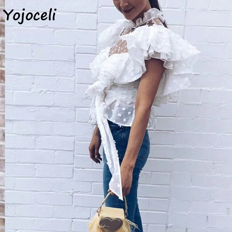Женская шифоновая блузка Yojoceli в горошек с кружевным бантом для вечеринки Пляжная