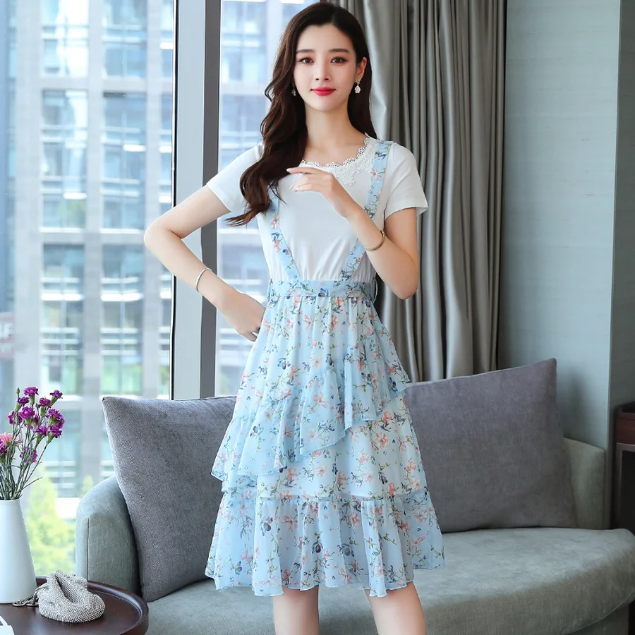 Femal Vintage Elegant Blue Chiffon Boho Midi Dresses Summer Plus Size Fake Two Piece Sundress Women Bodycon Party Vestidos