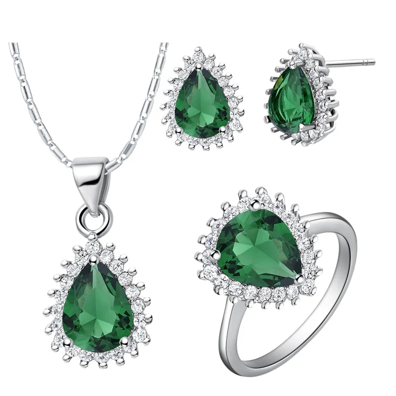 Кольцо роскошное женское ожерелье серьги Ювелирные наборы SA Зеленый каплевидный