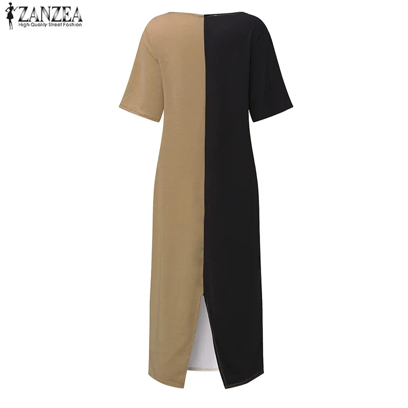 ZANZEA, модное женское платье с коротким рукавом, цветные, со строчкой, с неровным подолом, летние, повседневные, свободные, вечерние, миди платье, Vestido размера плюс