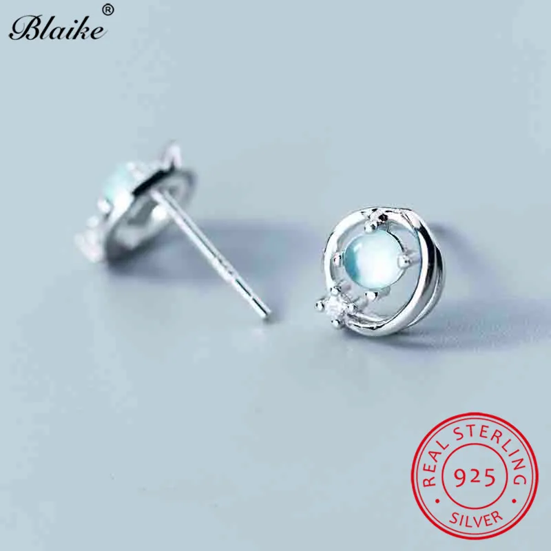 Женские круглые серьги-гвоздики s925 пробы серебряные с лунным камнем и