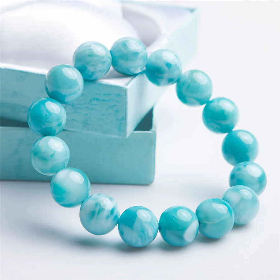 

Natural Blue Larimar Water Pattern Gemstone Bracelet 13mm Crystal Stretch Round Bead Bracelet For Women Men AAAAAA