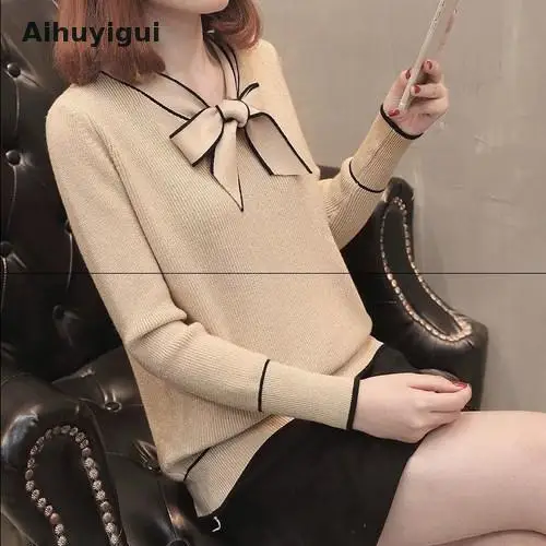 

Aihuyigui 2019 New Arrival Bow Winter Pullover Yellow Sweater Female Sild Color Long Sleeve Bottoming Shirt Loose Sweater Ti125