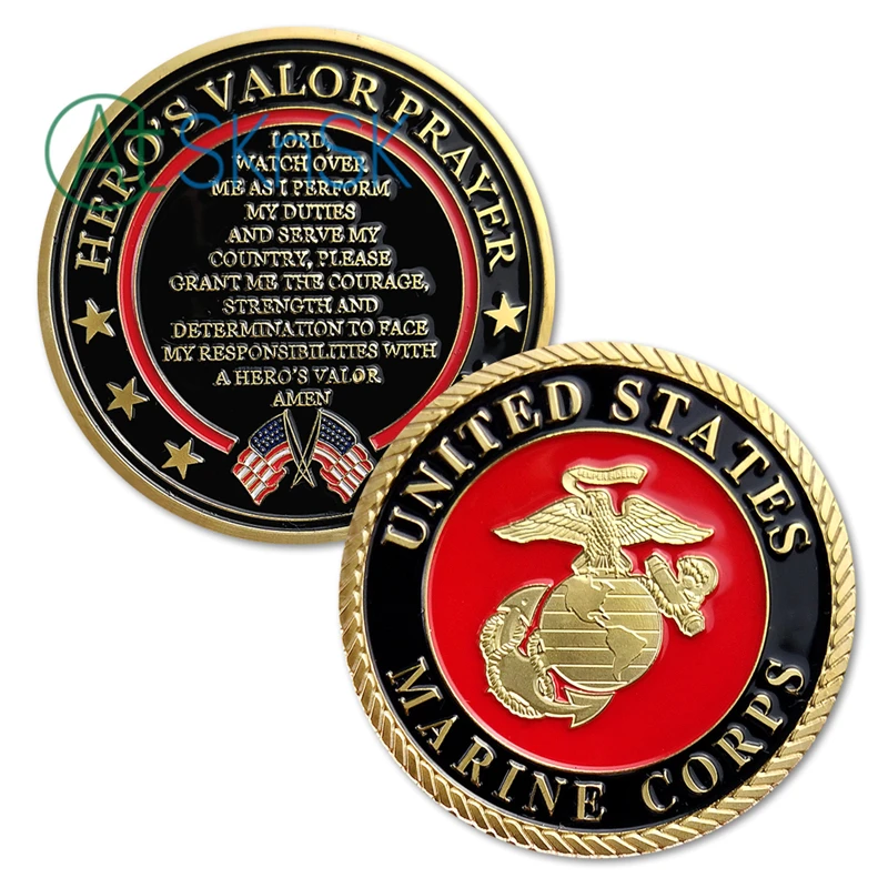 

Wholesale United States Marine Corps Military Challenge Coin Hero's Valor Prayer Gold Plated Commemorative Coins Collectibles
