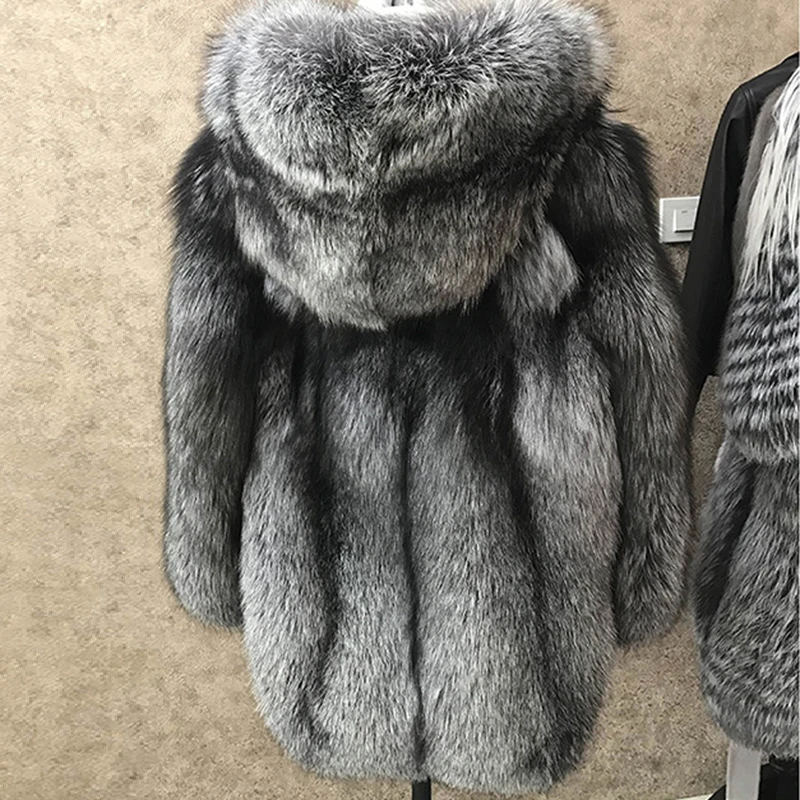 BFFUR silver real fox fur coat Casual Whole Skin O-Neck Thick Warm Luxury women's winter jacket with natural fur hooded coat