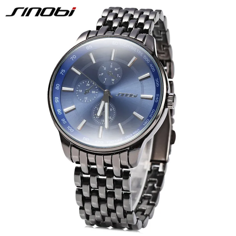 SINOBI полностью Стальные кварцевые часы мужские черные роскошные для мужчин