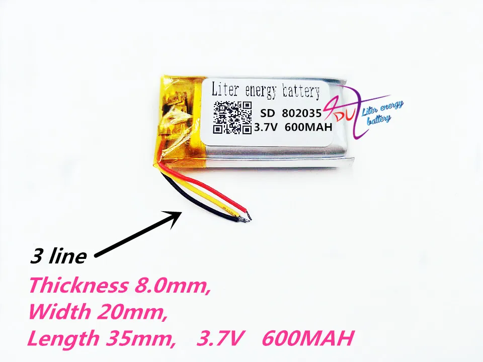 

3 wires Polymer battery 802035 3.7V 600MAH smart home MP3 speakers Li-ion battery for DVR,GPS,MP3,MP4,cell phone,speaker